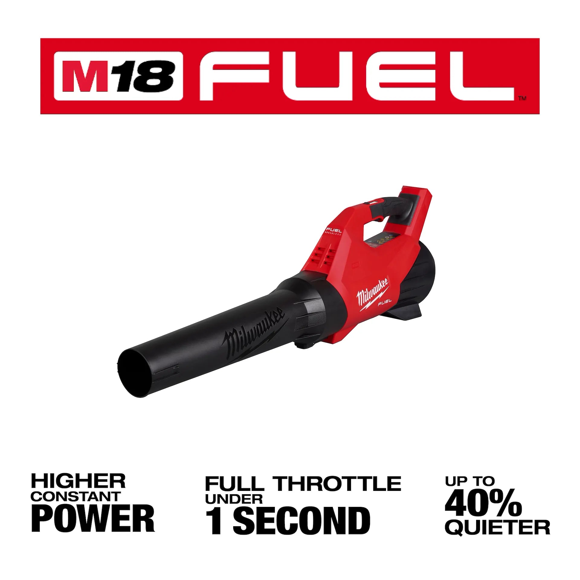 Milwaukee M18 Fuel Blower 3017-20 red and black tool with ergonomic handle and nozzle for clearing debris.