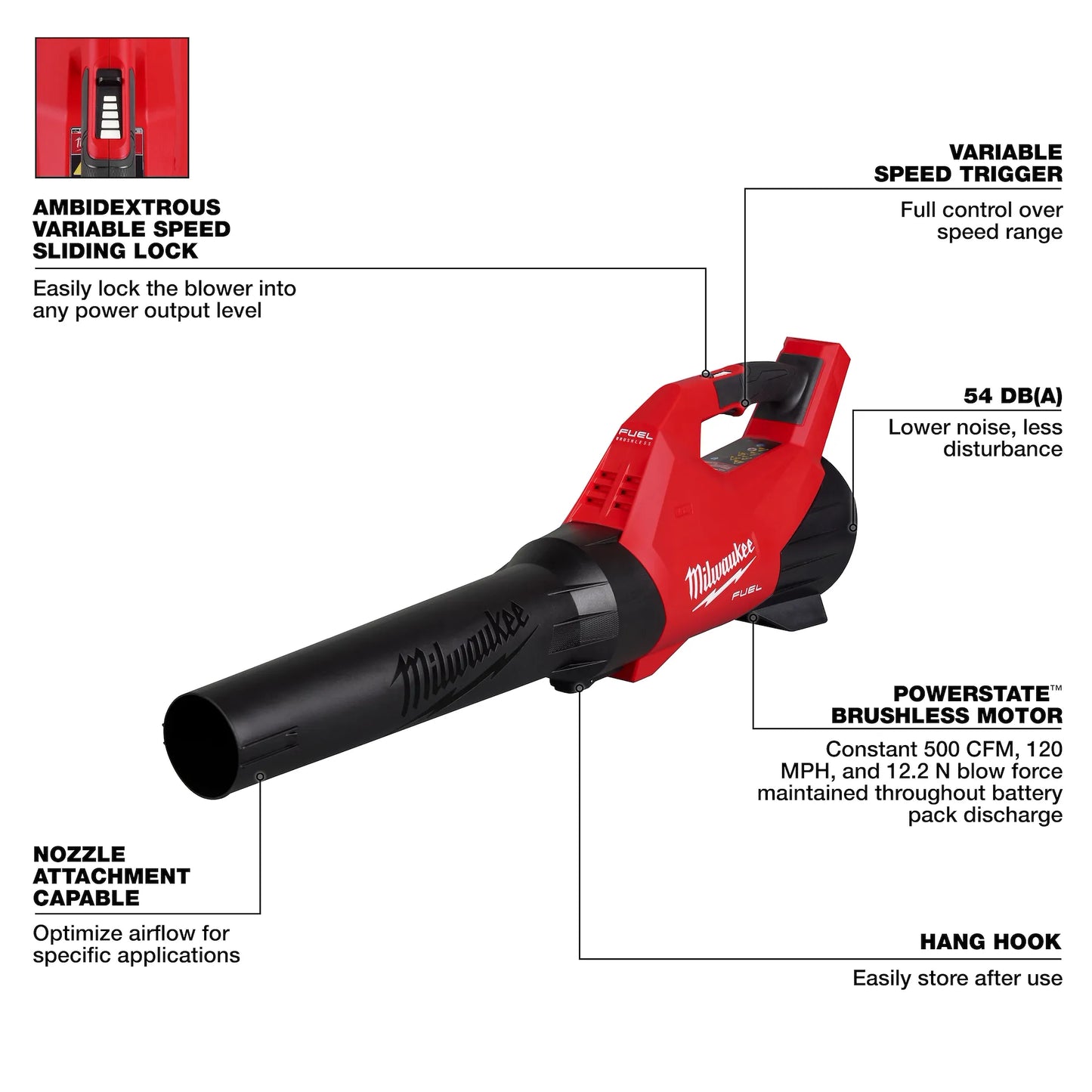 Milwaukee M18 Fuel Blower 3017-20 tool with variable speed trigger, brushless motor, and nozzle attachment for.