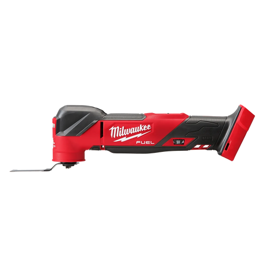 Milwaukee M18 Fuel Multi Tool 2836-20 red and black cordless power tool with metal blade attachment.