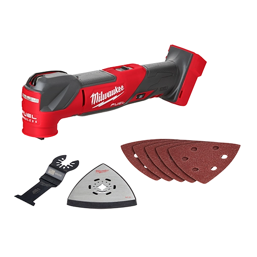 Milwaukee M18 Fuel Multi Tool 2836-20 with sanding pads, blade, and triangular scraper tool attachments.