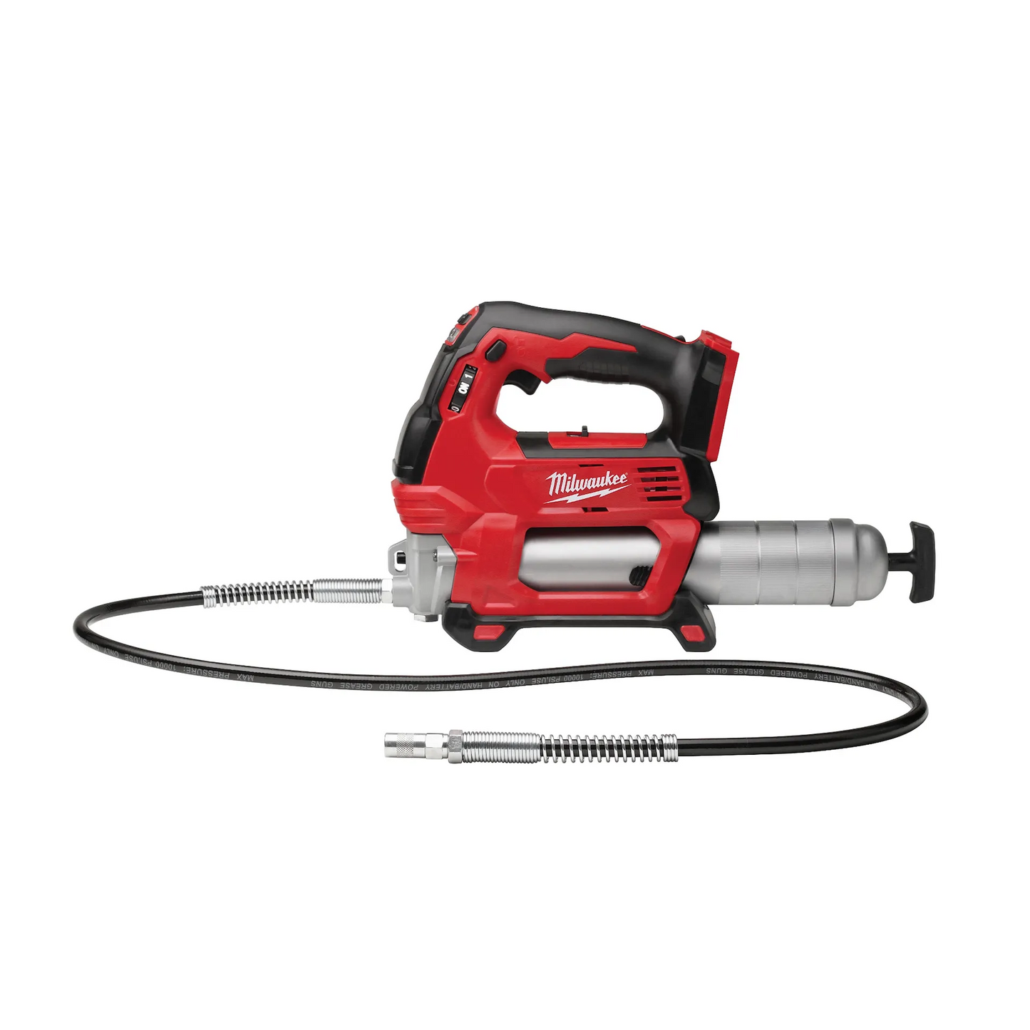 Milwaukee M18 Grease Gun 2646-20 red and black cordless tool with flexible hose for tools maintenance.