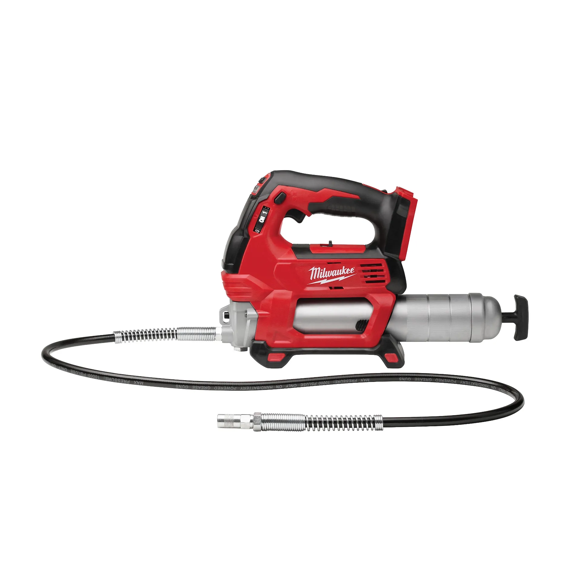 Milwaukee M18 Grease Gun 2646-20 red and black cordless tool with flexible hose for tools maintenance.