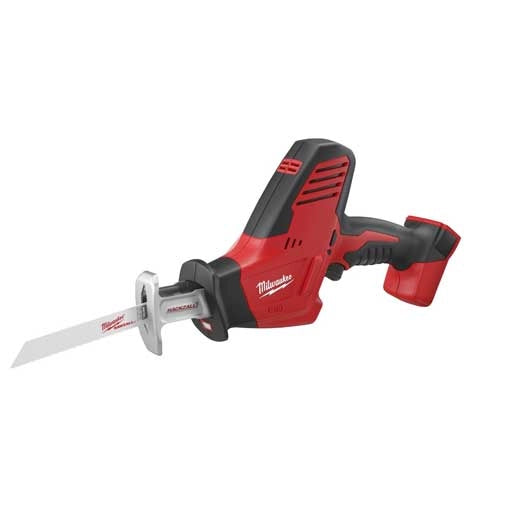 Milwaukee M18 Hackzall 2625-20 red and black cordless reciprocating tool with blade, essential for cutting tools.