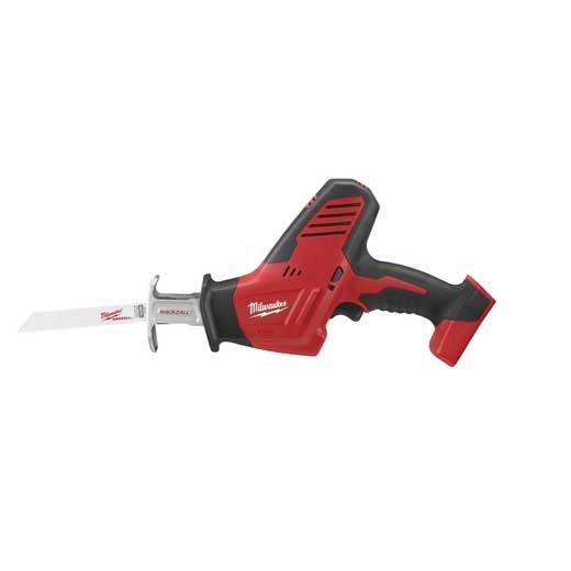 Milwaukee M18 Hackzall 2625-20 cordless reciprocating saw tool in red and black with visible blade and ergonomic.