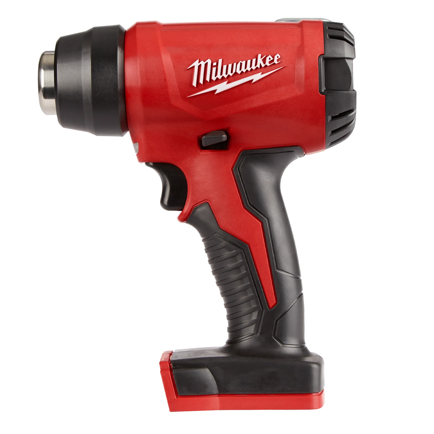 Milwaukee M18 Heat Gun 2688-20 red and black cordless tool with ergonomic grip and metal nozzle.