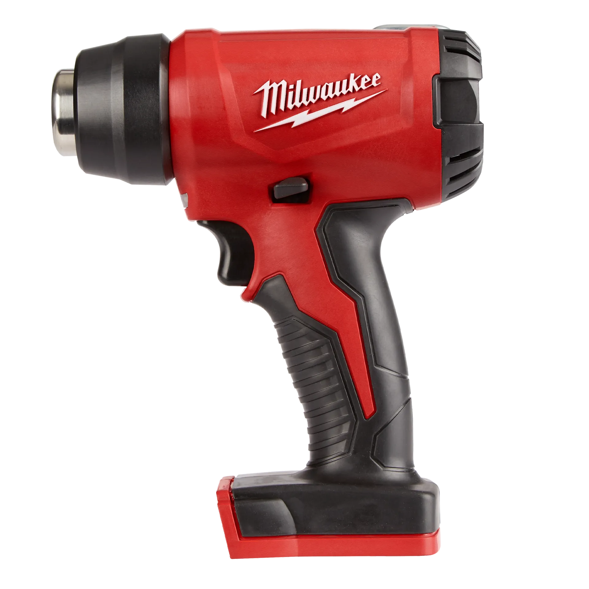 Milwaukee M18 Heat Gun 2688-20 red and black cordless tool with ergonomic grip and metal nozzle.