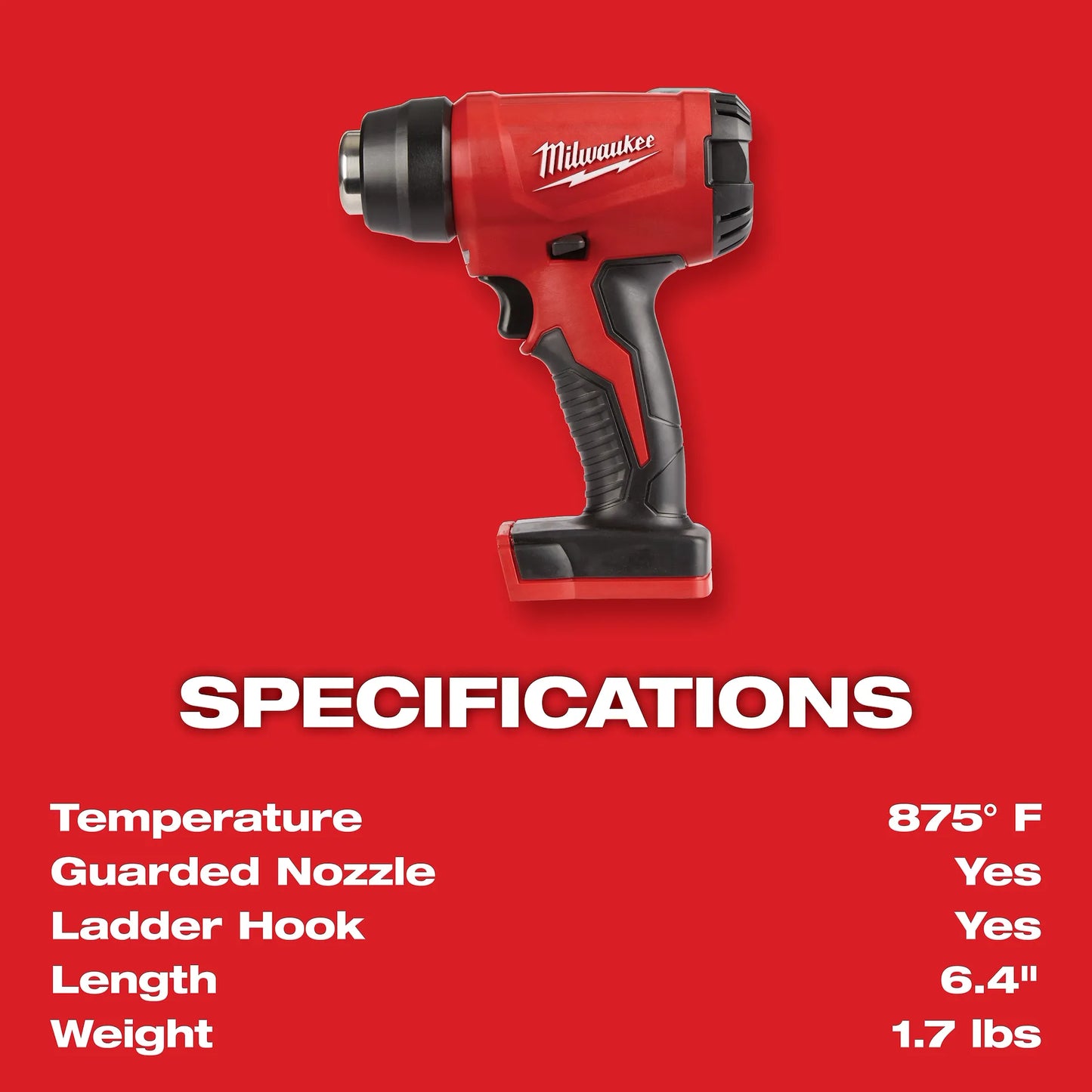 Milwaukee M18 Heat Gun 2688-20 red and black power tool with temperature control and guarded nozzle.