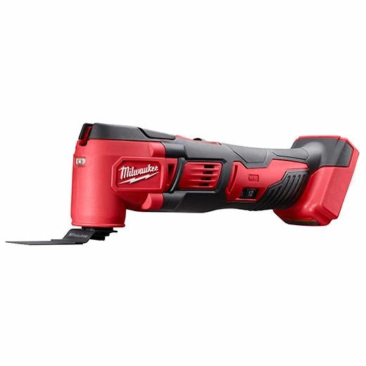 Milwaukee M18 Multi Tool 2626-20 with red and black body and flat cutting blade attachment.