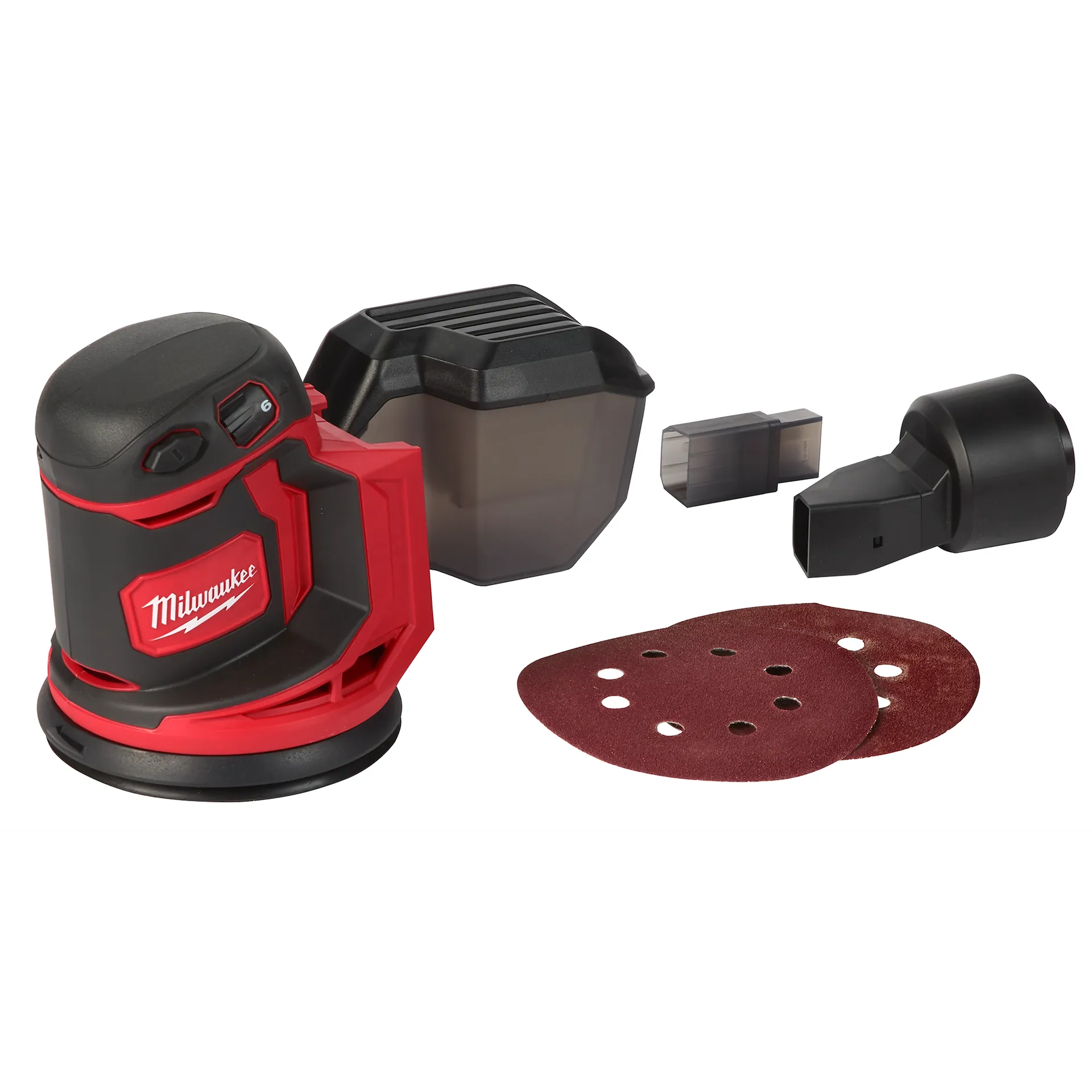 Milwaukee M18 Orbital Sander 2648-20 cordless red and black tool with dust collection box and sanding discs tools.