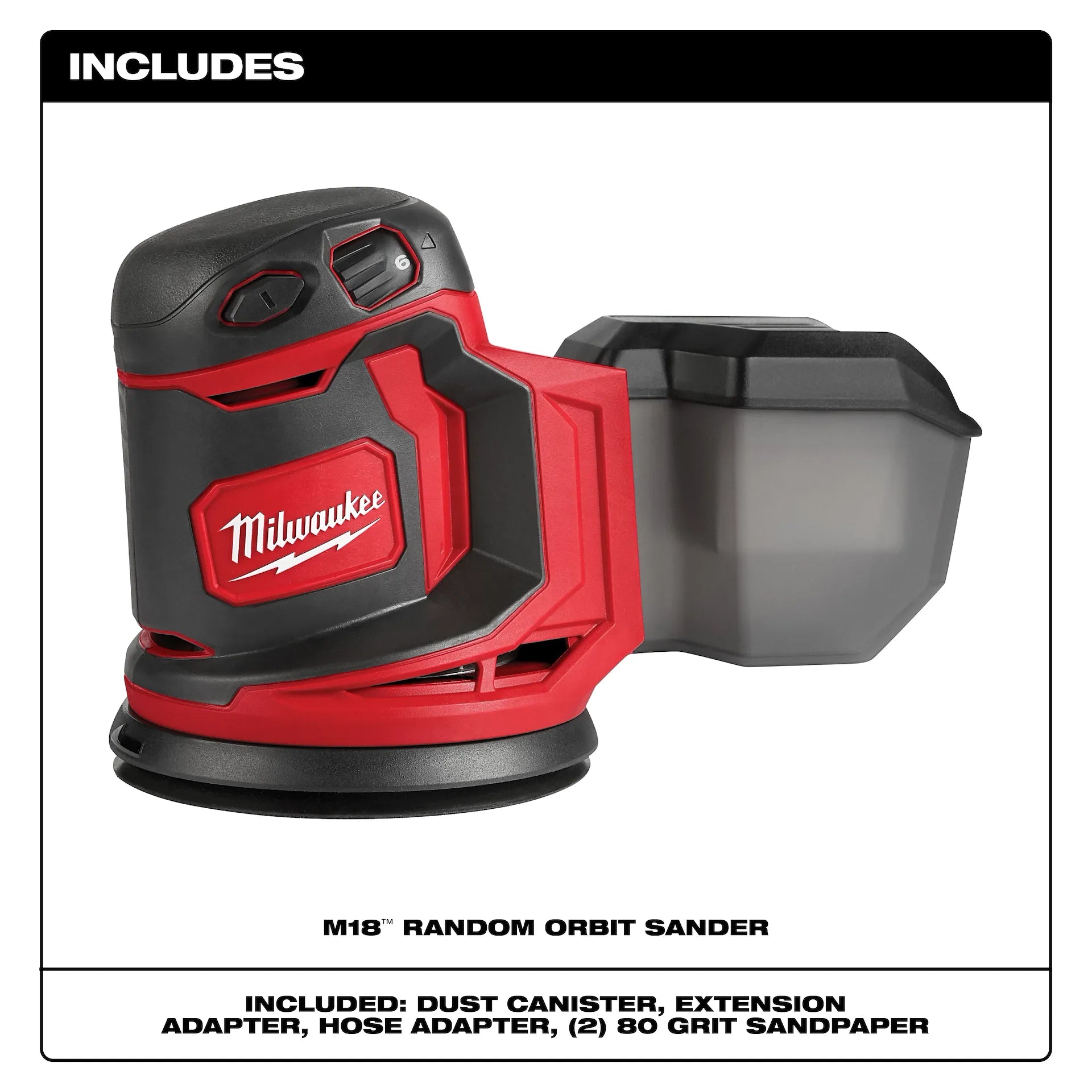 Milwaukee M18 Orbital Sander 2648-20 with red and black body, dust canister, and orbit sanding pad tool.