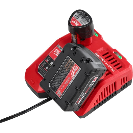 Milwaukee M18/M12 Rapid Charger 48-59-1808 with red casing and attached black battery for charging tools.