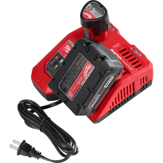 Milwaukee M18/M12 Rapid Charger 48-59-1808 red tool charger with black battery attached and power cord.