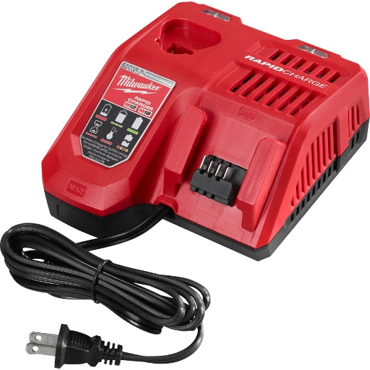 Milwaukee M18/M12 Rapid Charger 48-59-1808 red dual-port tool charger with power cord for charging tools batteries.
