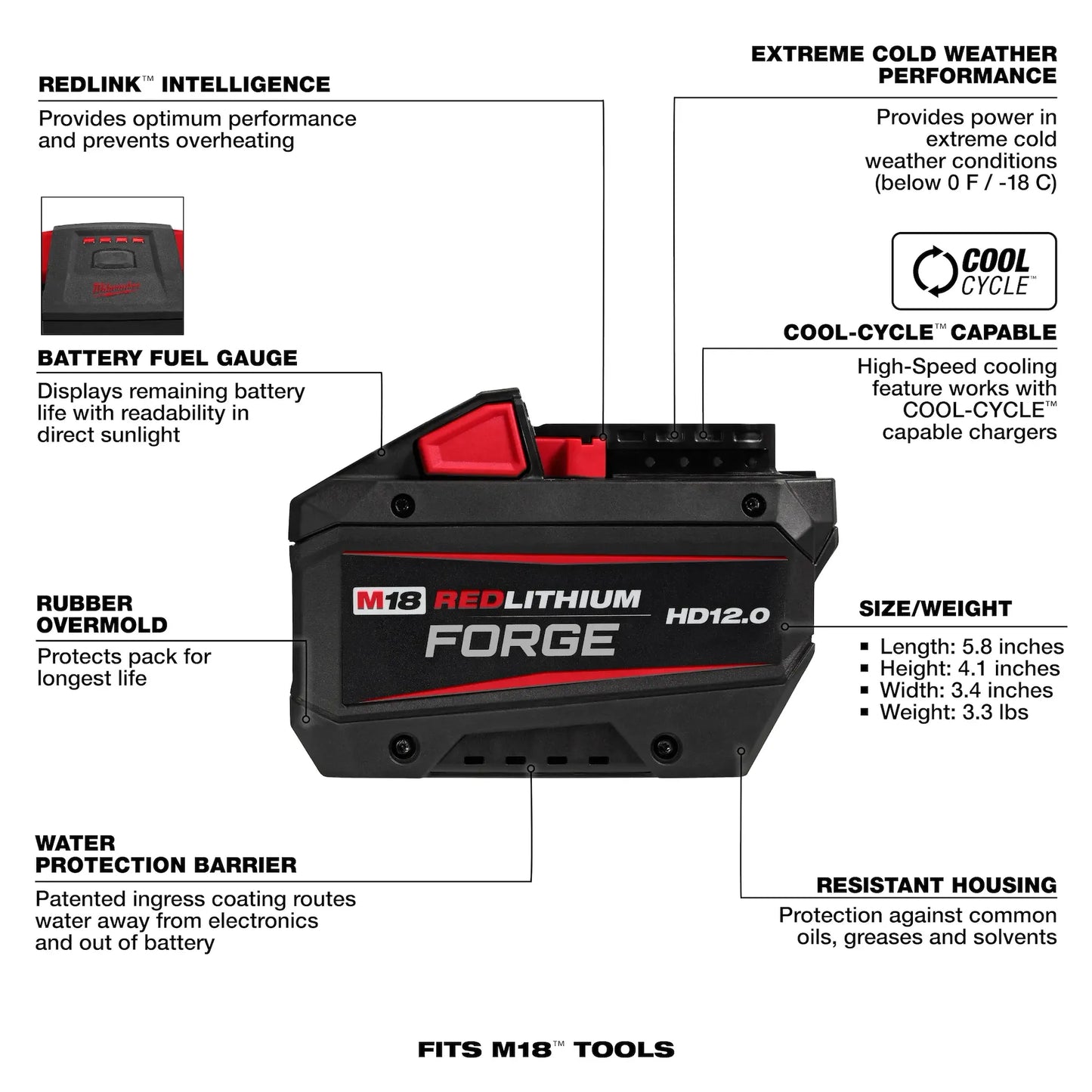 Milwaukee M18 12.0 Forge Battery 48-11-1813 with lithium forge technology and fuel gauge for tools.