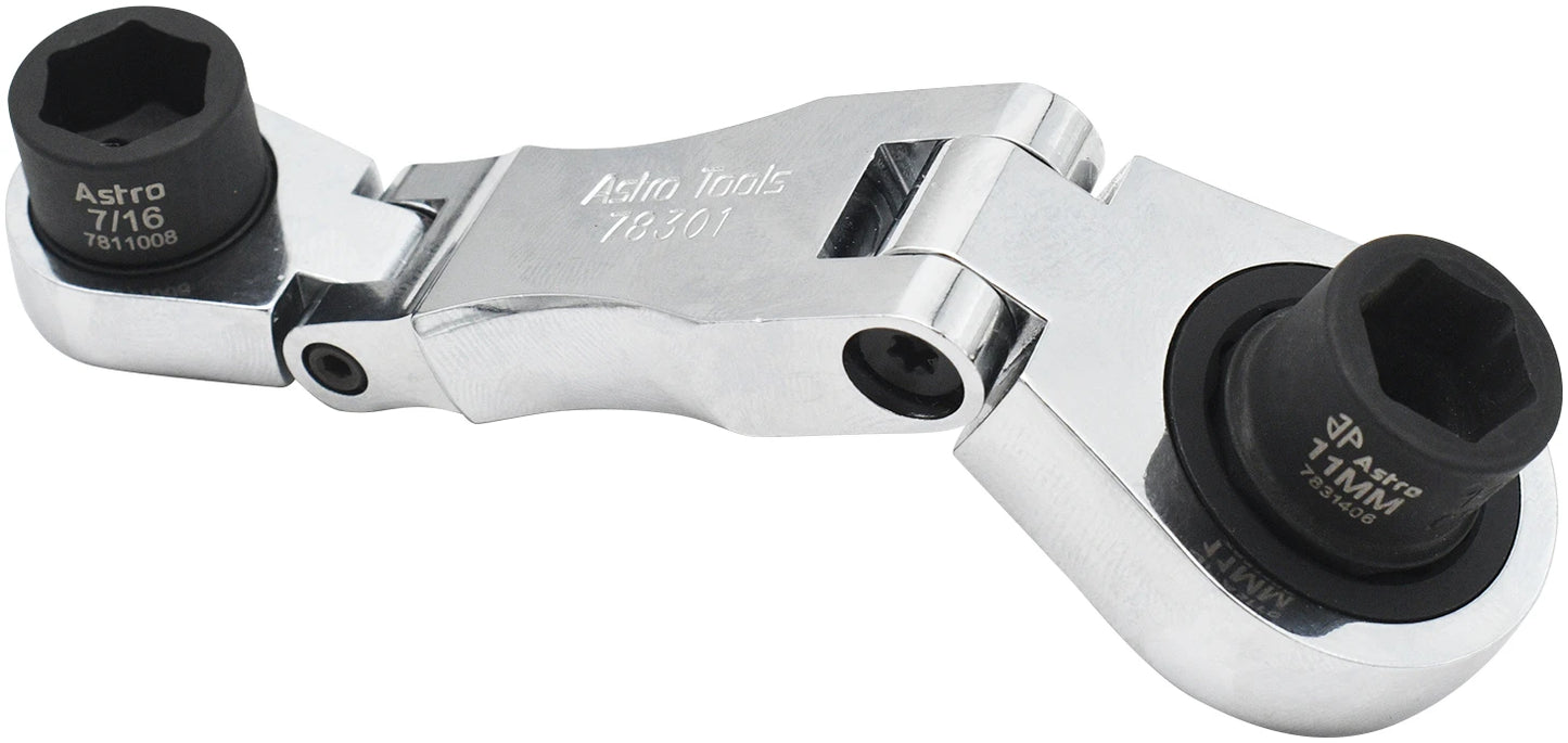 Astro Pneumatic 1/4 and 3/8 Stubby Ratcheting Flex Head Double Box End Wrench for Nano Sockets (78301)
