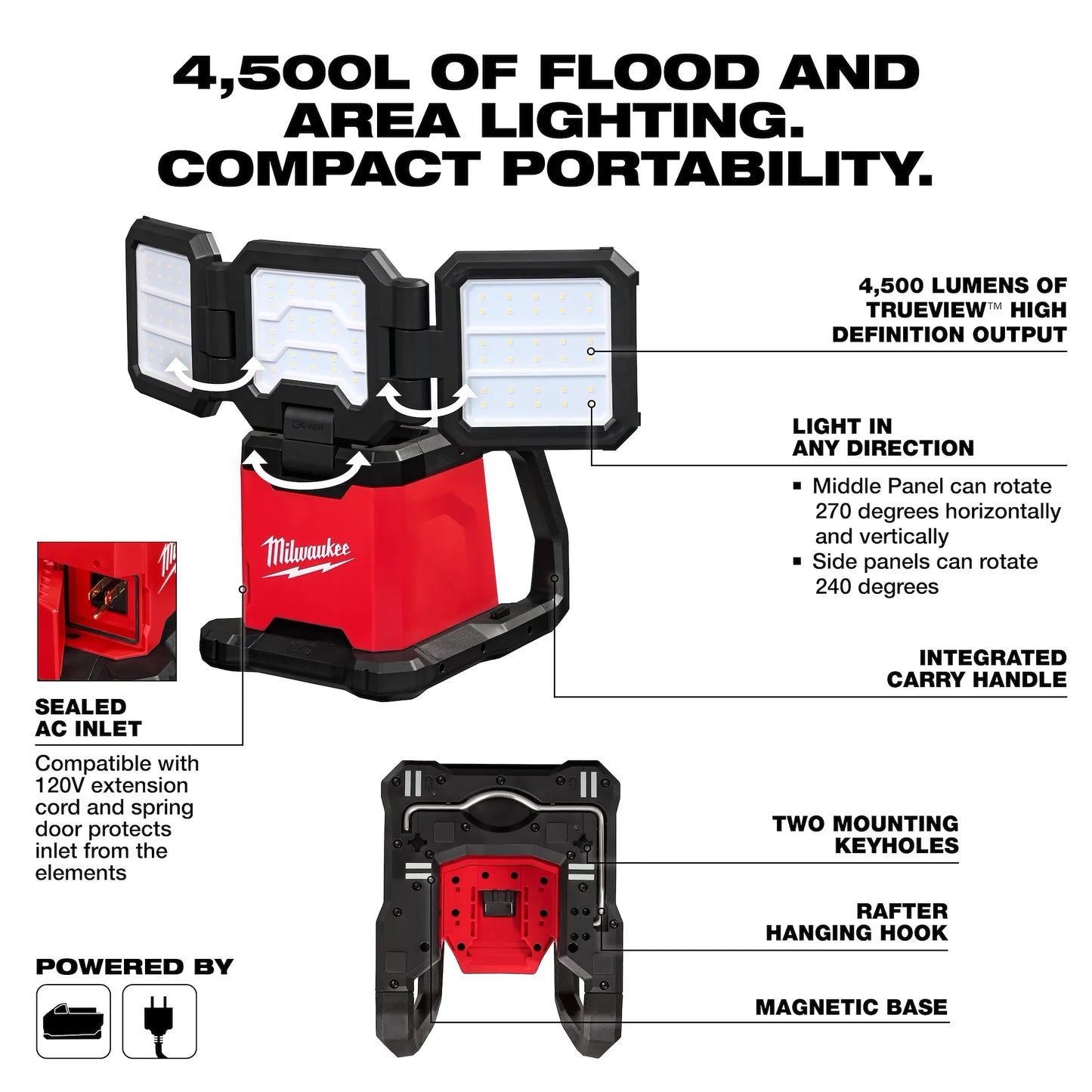 Milwaukee M18™ ROVER™ Dual Power Flood & Area Triple Light 2368-20 with three adjustable LED light panels on a red.