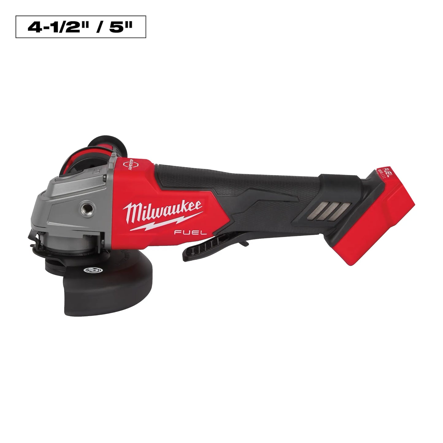 Milwaukee M18 Fuel Grinder 2880-20 red and black cordless power tool with ergonomic grip and metal grinding guard.