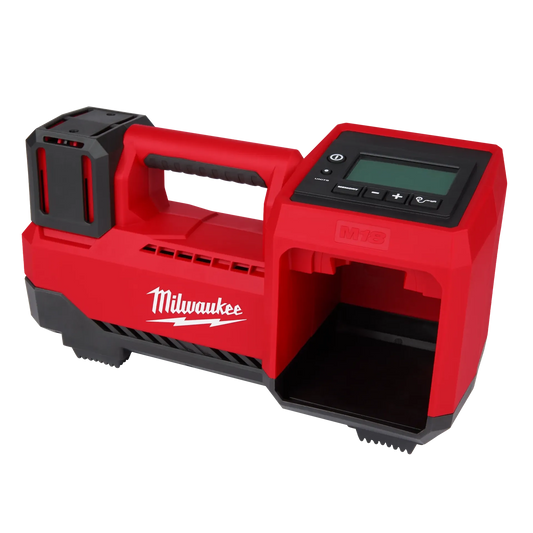 Milwaukee M18 Inflator 2848-20 red cordless tool with digital display and ergonomic handle.