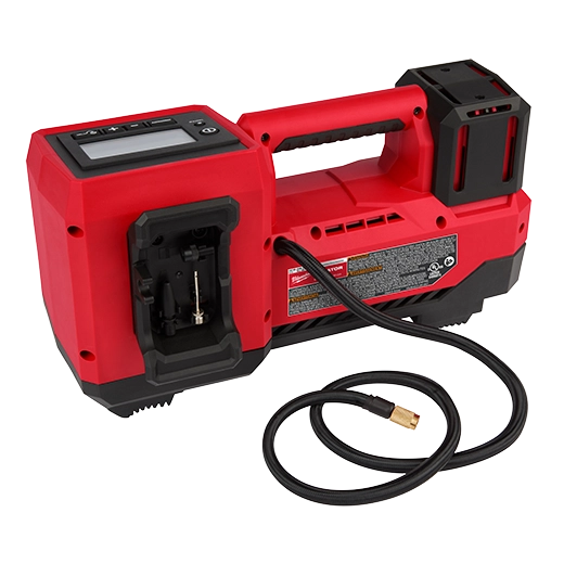 Milwaukee M18 Inflator 2848-20 red portable tool with digital display and attached air hose, cordless tools design.