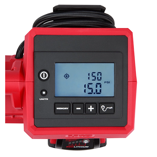 Milwaukee M18 Inflator 2848-20 tool with digital PSI display and control buttons.