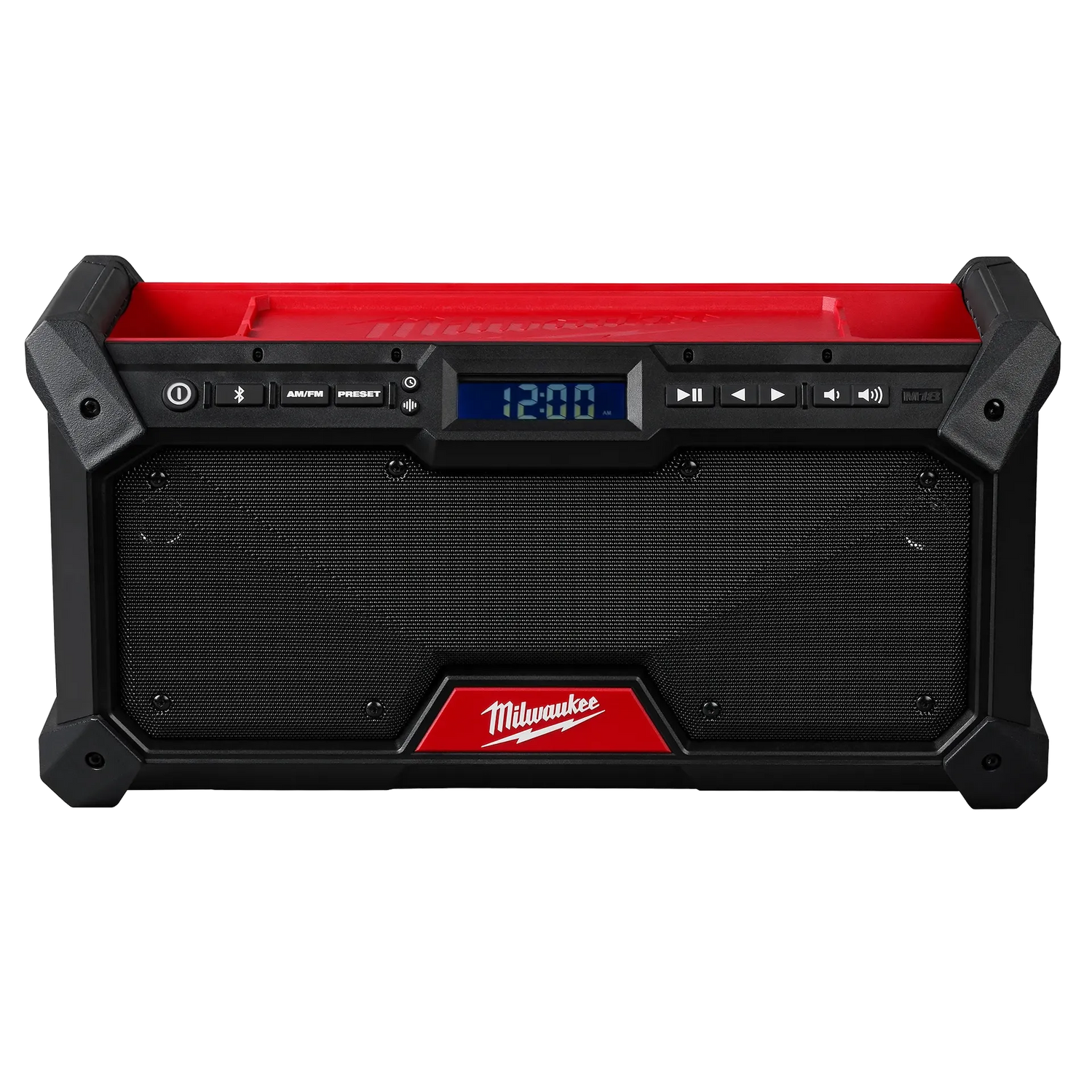 Milwaukee M18™ Bluetooth® Jobsite Radio 2952-20 with rugged black and red design, digital display, and.