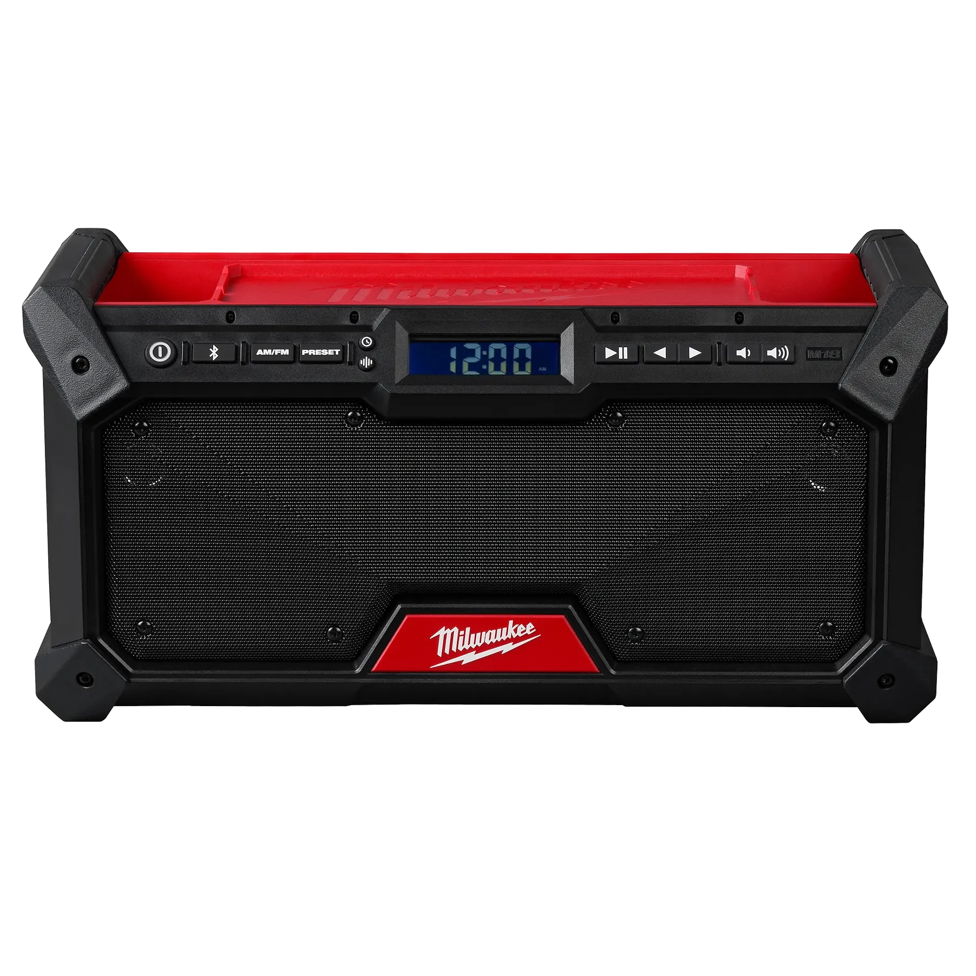 Milwaukee M18™ Bluetooth® Jobsite Radio 2952-20 with rugged black and red design, digital display, and.
