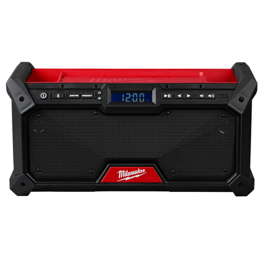 Milwaukee M18™ Bluetooth® Jobsite Radio 2952-20 with rugged black and red design, digital display, and.