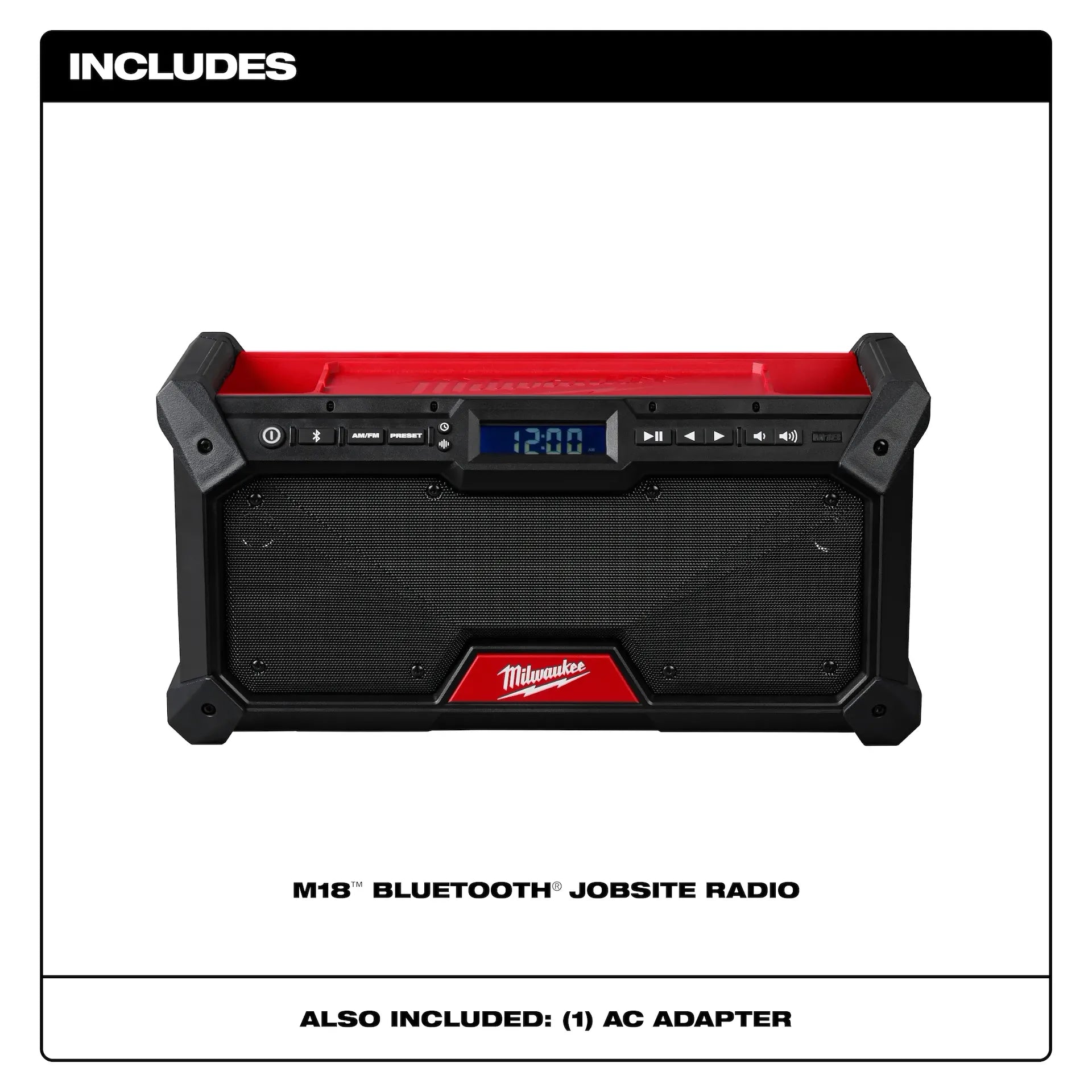 Milwaukee M18™ Bluetooth® Jobsite Radio 2952-20, red and black tool radio with digital clock and control buttons.