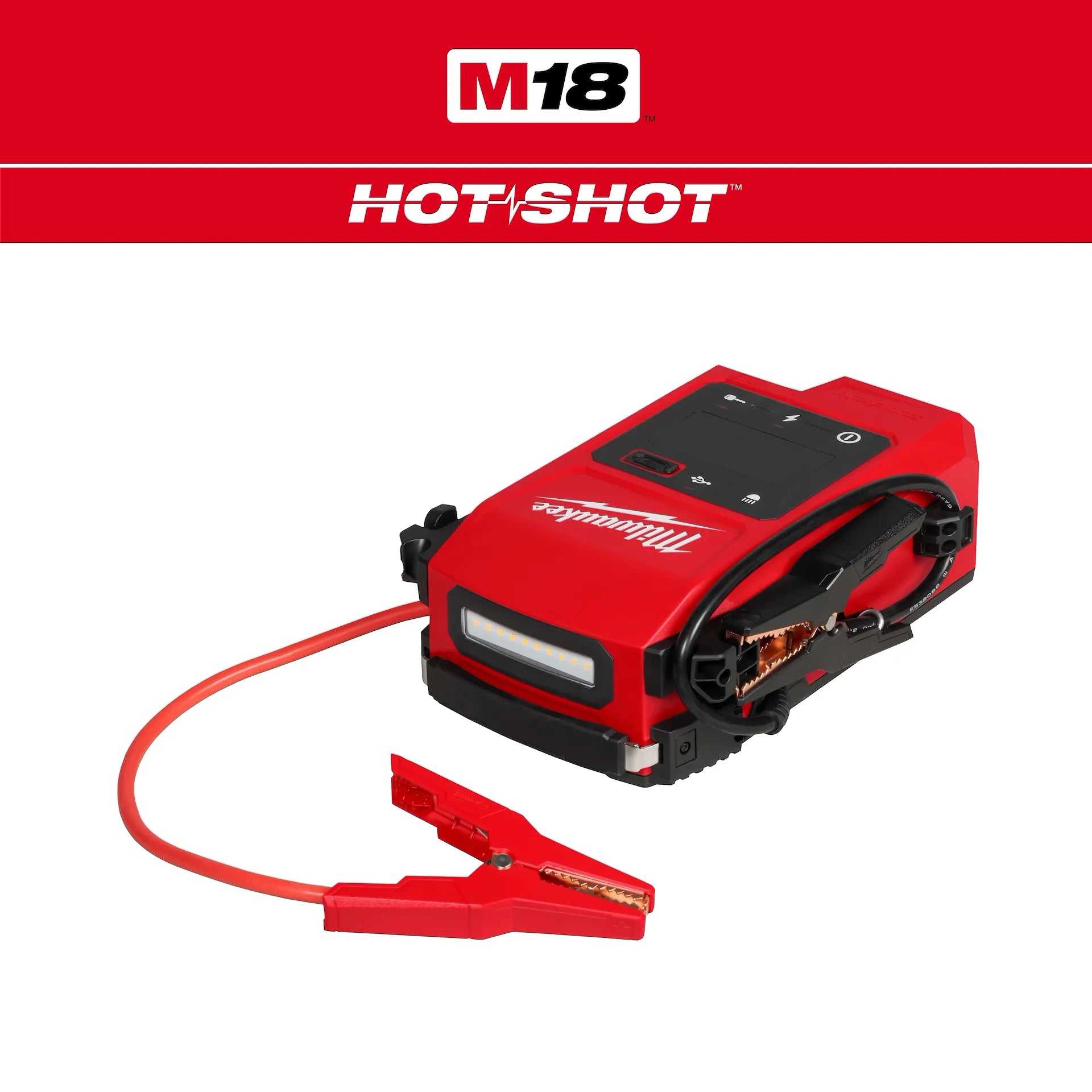 Milwaukee M18™ HOTSHOT™ Jump Starter 3841-20 red compact tool with clamps and LED display.
