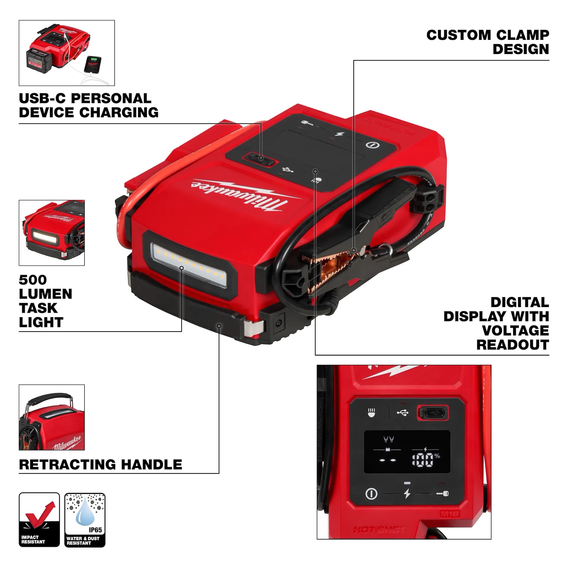 Milwaukee M18™ HOTSHOT™ Jump Starter 3841-20, compact red tool with digital display, retracting handle, and USB-C.