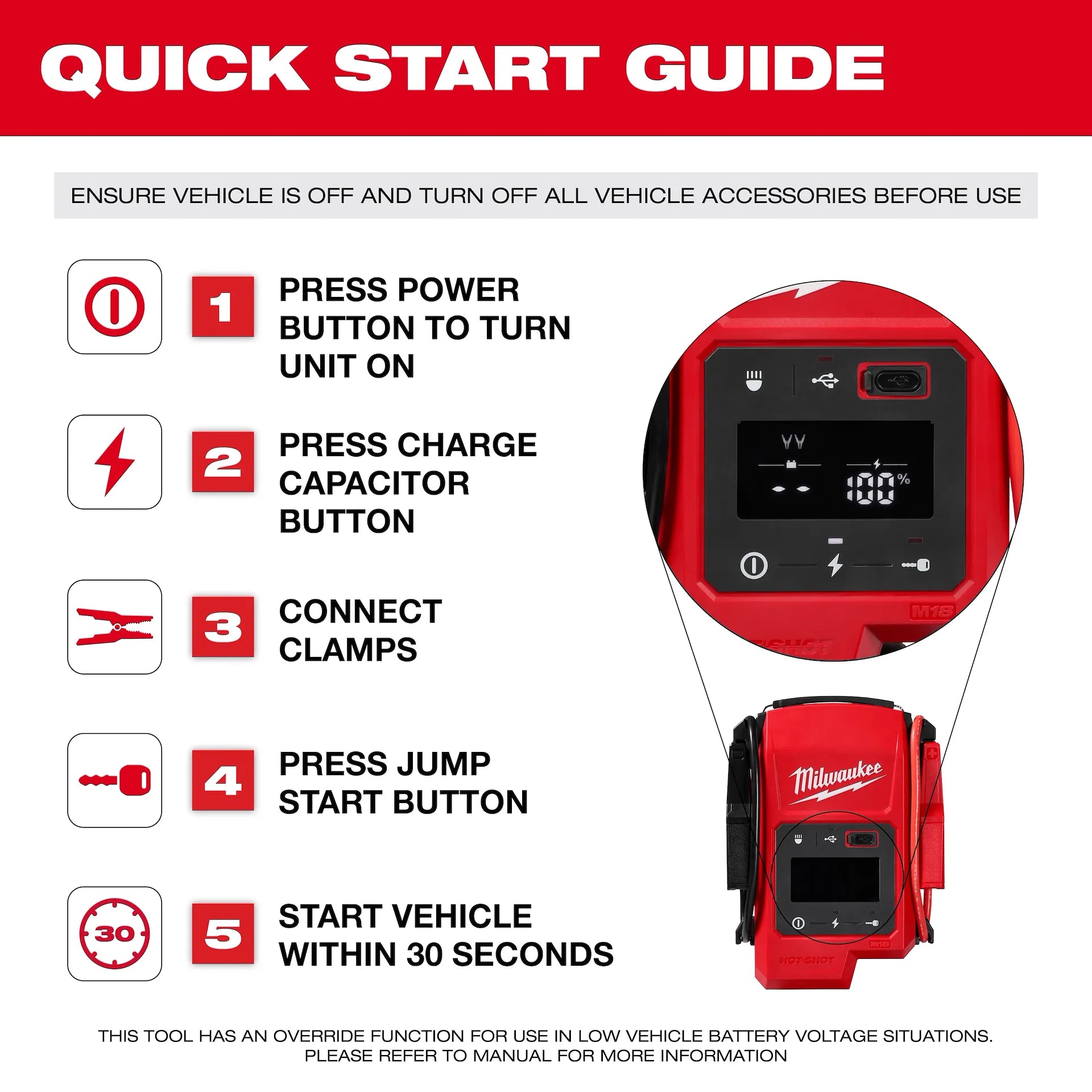 Milwaukee M18™ HOTSHOT™ Jump Starter 3841-20 tool with quick start guide and tool control buttons visible.