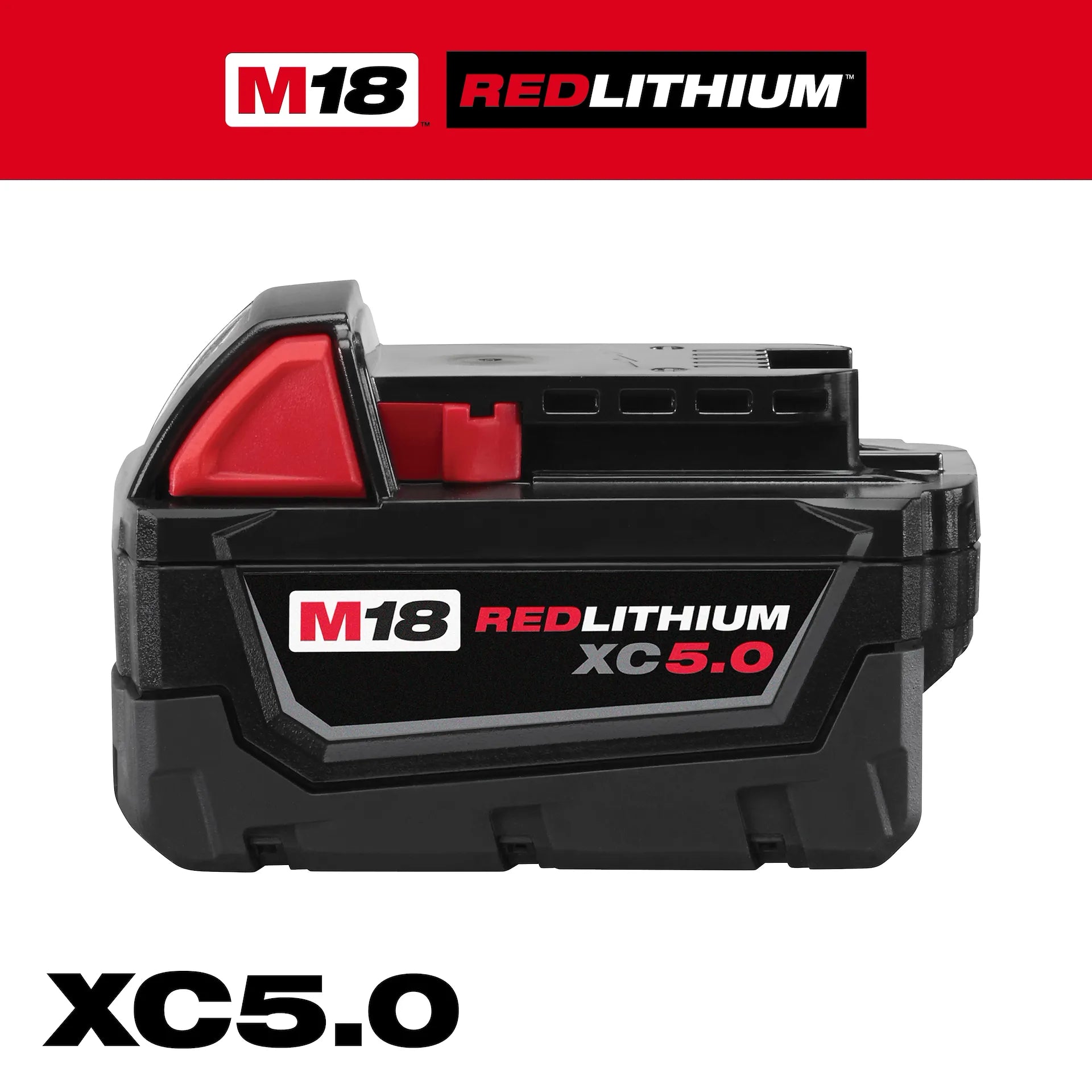 Milwaukee M18 REDLITHIUM 5.0ah Battery 48-11-1850 for power tools in black and red design.