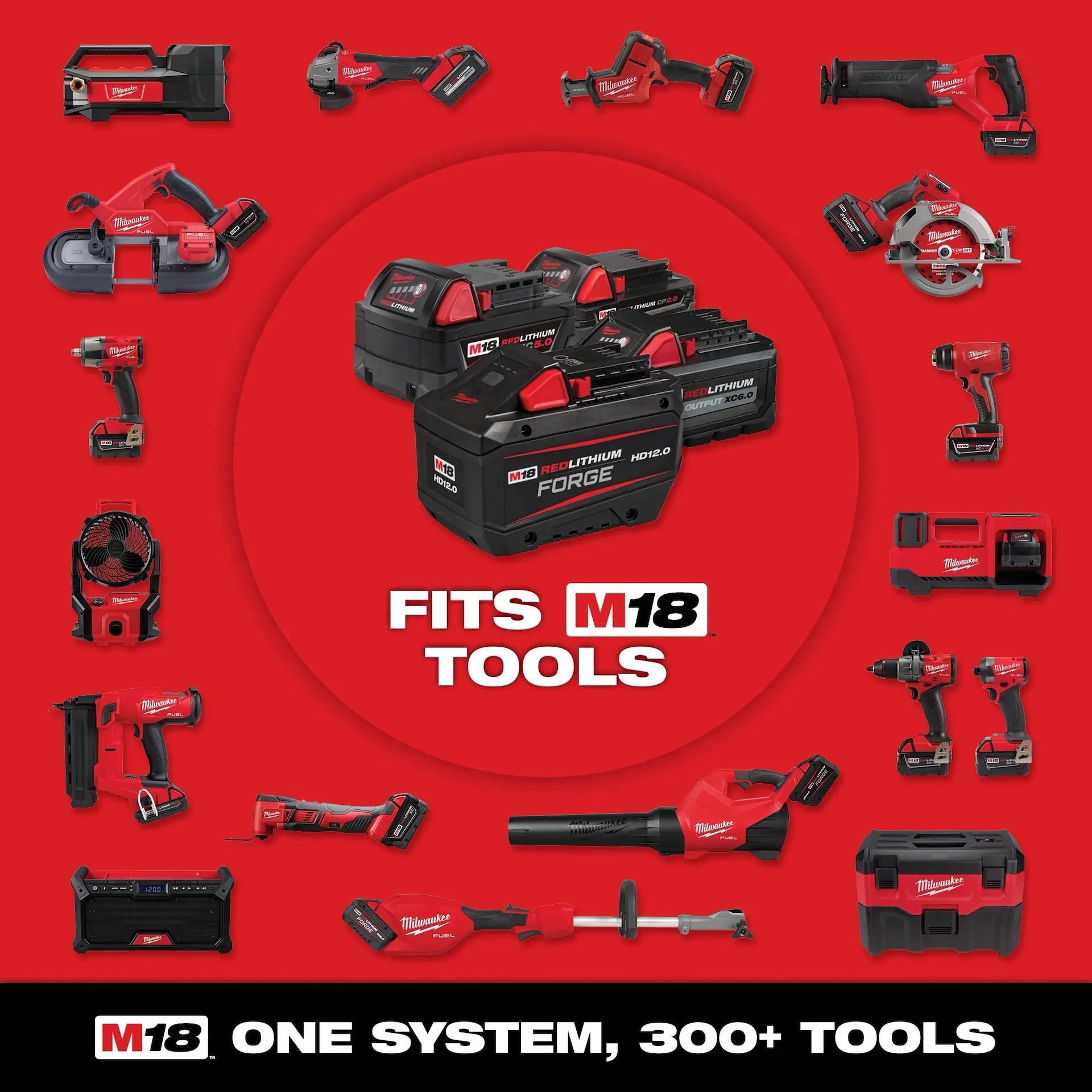 Milwaukee M18 REDLITHIUM 5.0ah Battery 48-11-1850 surrounded by various red and black M18 power tools and.